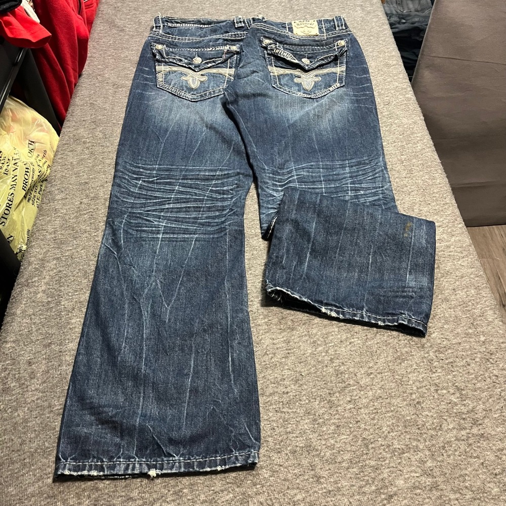 Rock Revival Clive Bootcut Jeans Mens 36 Dark Wash Embroidered Flap Pocket 33x33